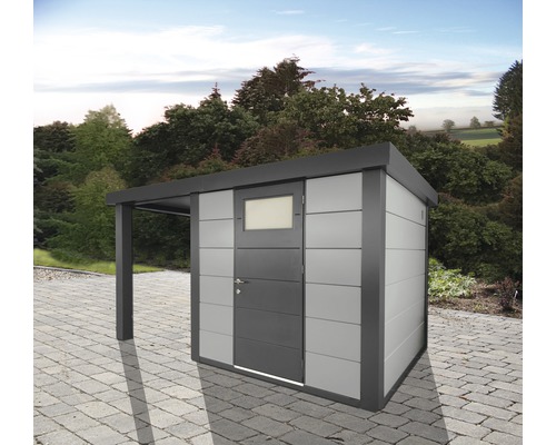 Gartenhaus Classico 2424 inkl. Regenrinne mit Seitendach links 426 x 259 cm lichtgrau Gartenhaus Classico 2424 inkl. Regenrinne mit Seitendach links 426 x 259 cm lichtgrau