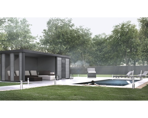Gartenhaus Classico 2424 inkl. Regenrinne mit Seitendach, Rück- und Seitenwand inkl. Fenster links 542 x 258 cm lichtgrau Gartenhaus Classico 2424 inkl. Regenrinne mit Seitendach, Rück- und Seitenwand inkl. Fenster links 542 x 258 cm lichtgrau