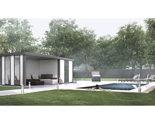 Gartenhaus Classico 2424 inkl. Regenrinne mit Seitendach, Rück- und Seitenwand inkl. Fenster links 542 x 258 cm weiß Gartenhaus Classico 2424 inkl. Regenrinne mit Seitendach, Rück- und Seitenwand inkl. Fenster links 542 x 258 cm weiß