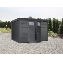 Gartenhaus aus Metall mit geöffneter Doppeltür und Fenster
