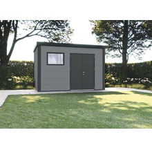 Modernes Gartenhaus mit Fenster und Doppeltür im Garten.