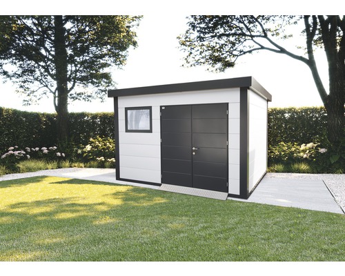 Gartenhaus Classico 3930 inkl. Regenrinne, Fenster 408 x 318 cm weiß Modernes Gartenhaus mit Doppeltür und Fenster im Garten