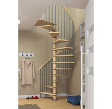 Wendeltreppe aus Holz mit Metallgeländer in einem Flur