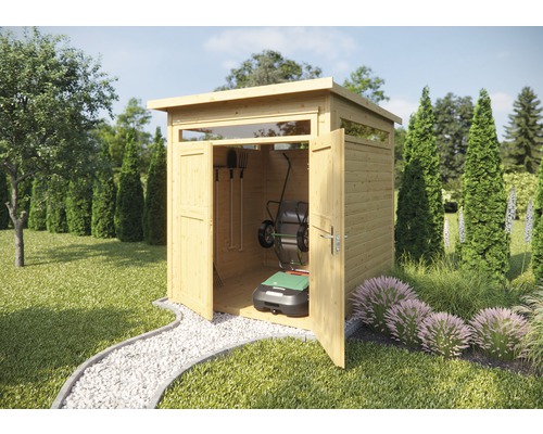 Gartenhaus weka 265 Gr. 1 inkl. Fußboden 220 x 161 cm natur Holzgartenhaus mit Gartengeräten und Rasenmäher im Garten