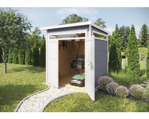 Gartenhaus weka 265 Gr. 1 inkl. Fußboden 220 x 161 cm grau Garten Szene mit Gerätehaus aus Holz mit geöffneten Türen, Gartengeräten und Rasenmäher