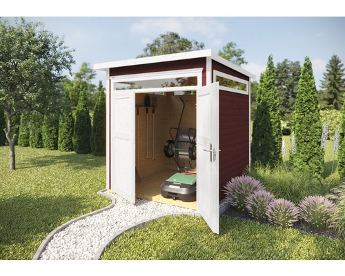 Gartenhaus weka 265 Gr. 2 inkl. Fußboden 219 x 250 cm rot Gartenschuppen aus Holz mit Gartengeräten und Rasenmäher im Garten