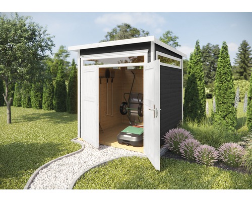 Gartenhaus weka 265 Gr. 3 inkl. Fußboden 247 x 289 cm anthrazit Gartenszene mit offenem Gerätehaus aus Holz zur Aufbewahrung von Gartengeräten und Rasenmäher
