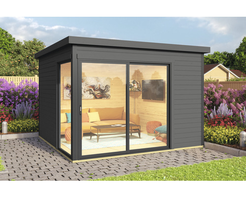 Gartenhaus weka Designhaus 412 Gr. 1 inkl. Fußboden 319,6 x 319,6 cm anthrazit Modernes Gartenhaus mit Schiebetür und Flachdach, eingerichtet mit Sofa und Fernseher