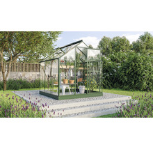 Gewächshaus aus Glas mit Metallrahmen im Garten