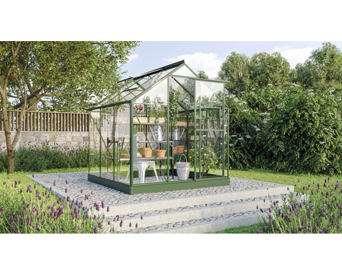 Gewächshaus Vitavia Triton 3800 Einscheibensicherheitsglas 3 mm 198 x 193 cm smaragd Gewächshaus aus Glas mit Metallrahmen im Garten