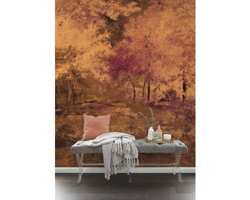 Raumgestaltung mit Wald Tapete, Bank, Kissen und Decke