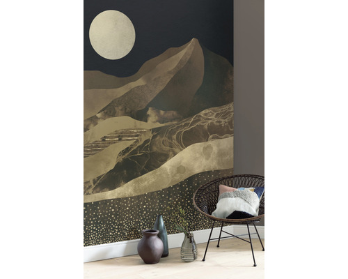 Wohnraum mit einer Fototapete mit Bergmotiv, einem Sessel, Vasen und Holzboden.
