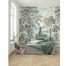 Schlafzimmer mit Landschaftstapete, Bett und Holzboden