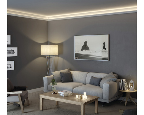 Wohnzimmer mit Deckenleuchte, Sofa, Tisch und Dekoration