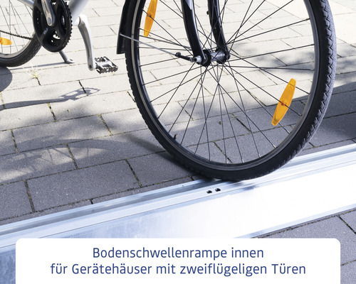Bodenschwellenrampe für Gerätehäuser mit zweiflügeligen Türen und Fahrrad
