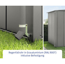 Regenfallrohr aus Aluminium mit Befestigung am Gerätehaus