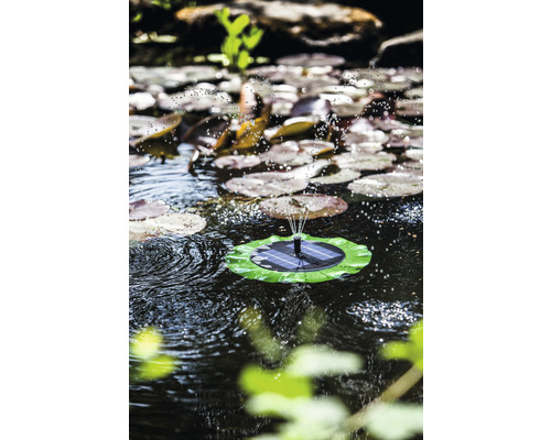Solarbetriebener Teichbrunnen auf einem Teich mit Seerosenblättern.
