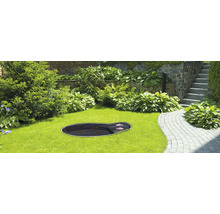 Gartenszene mit Teich, umgeben von Rasen und Bepflanzung