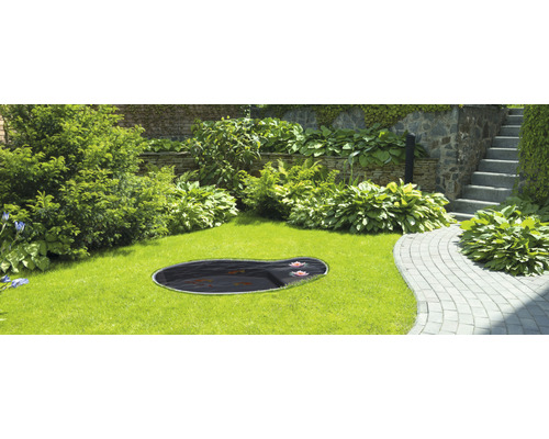 Gartenszene mit Teich, umgeben von Rasen und Bepflanzung