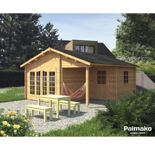 Holzgartenhaus mit Terrasse, Tisch, Bänken und Hängematte
