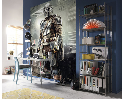 Ein Arbeitszimmer mit Schreibtisch, Regal und einem Wandbild von The Mandalorian.