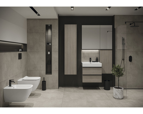 Modernes Badezimmer mit Toilette, Bidet, Waschtisch, Spiegelschrank und Dusche