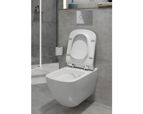 Wandhängendes WC mit offenem WC-Sitz in einem Badezimmer