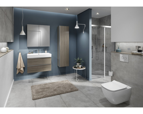 Modernes Badezimmer mit Waschbecken, Spiegelschrank, Hängeschrank, Toilette und Dusche