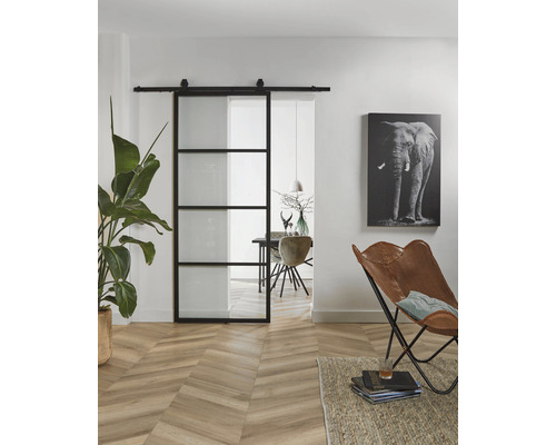Wohnzimmer mit Schiebetür aus Glas mit schwarzem Rahmen, Holzboden und Dekoration