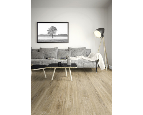 Wohnzimmer mit Sofa, Tisch und Holzboden