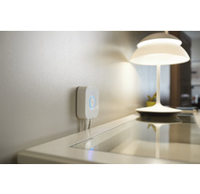 Philips Hue Bridge zur Steuerung von Smart Home Beleuchtung an der Wand montiert, neben einer Tischleuchte.