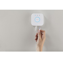Philips Hue Bridge mit Netzwerkkabel in der Hand