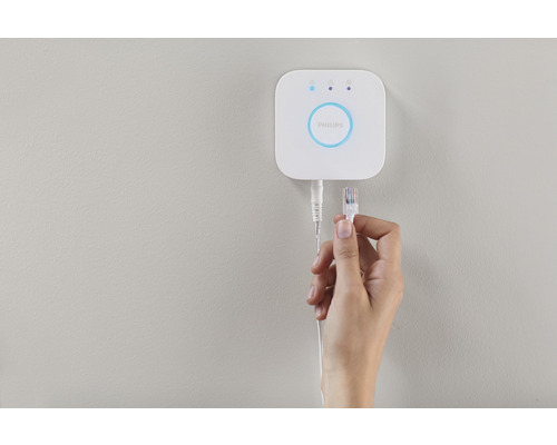 Philips Hue Bridge mit Netzwerkkabel in der Hand