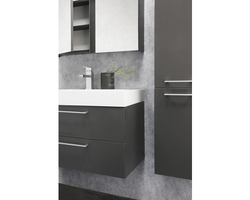 Badezimmer mit Waschtischunterschrank, Spiegelschrank und Hochschrank