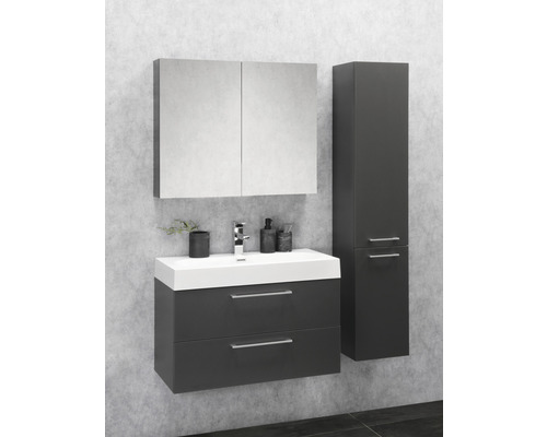 Modernes Badezimmerensemble mit Waschbeckenunterschrank, Spiegelschrank und Hochschrank