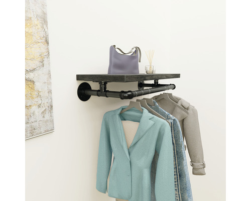 Wandgarderobe mit Kleiderstange und Ablage aus Holz und Metall