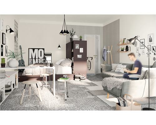 Helles Jugendzimmer mit Bett, Schreibtisch, Stühlen und Sofa