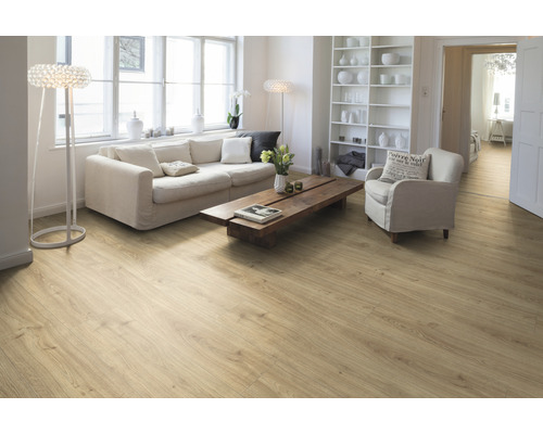 Heller Wohnraum mit Laminatboden, Sofa, Sessel und Bücherregal