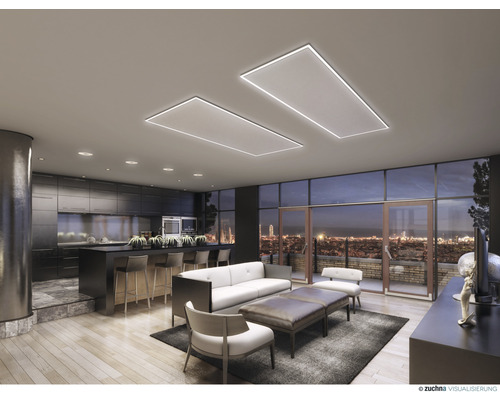 Heller Wohnraum mit Küche, Wohnzimmer und Deckenleuchten