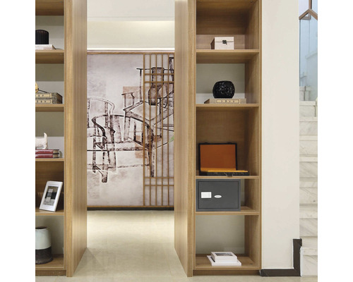 Regal mit Dekoartikeln und Tresor im Innenraum