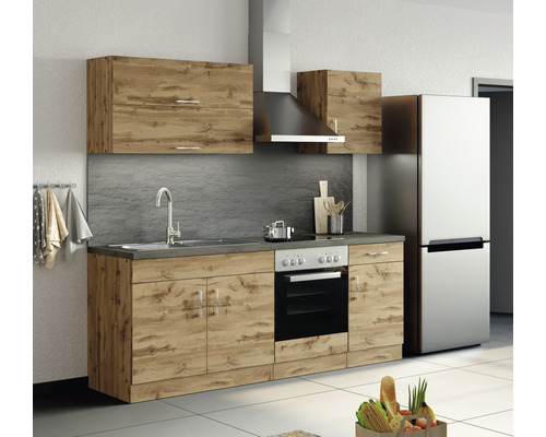 Komplette Küche mit Spüle, Kochfeld, Backofen, Dunstabzugshaube, Hängeschränken und Kühlschrank