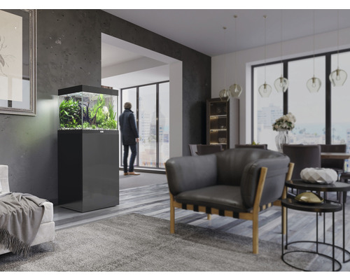 Modernes Wohnzimmer mit Aquarium auf Unterschrank, Sessel und Esstisch