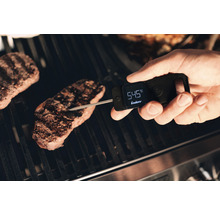 Ein Mann misst die Temperatur eines Steaks auf einem Grill mit einem digitalen Bratenthermometer von Enders.