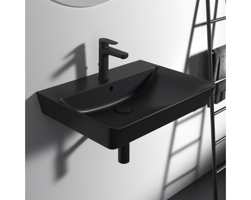 Schwarzes Waschbecken mit Armatur zur Wandmontage