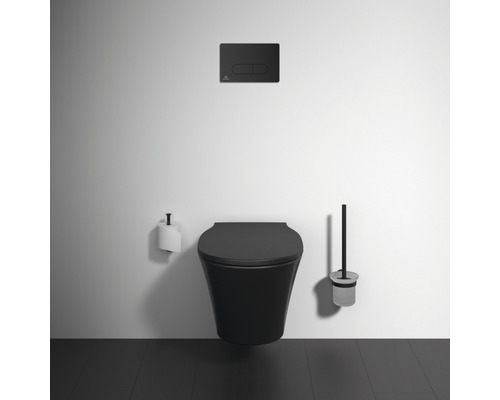 Wandhängendes WC mit Spülkasten, Toilettenpapierhalter und Toilettenbürste in einem Badezimmer
