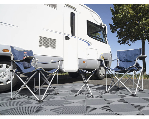 Campingplatzszene mit zwei Campingstühlen, einem Tritthocker und einem Wohnmobil.