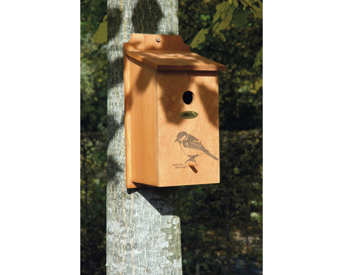 Vogelhaus aus Holz mit einer Abbildung einer Kohlmeise an einem Baum befestigt