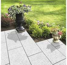 Gartenweg mit Pflastersteinen und bepflanzten Blumentöpfen