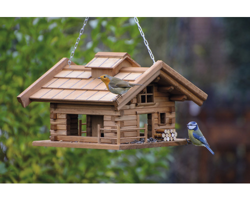 Holzvogelhaus im Chaletstil mit zwei Vögeln