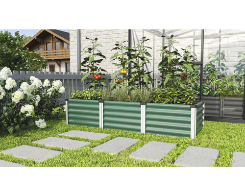Hochbeet klassisch Vitavia Linus In&Out 401 S 65 x 185 x 40,1 cm seegras-aluminium Hochbeet mit Tomatenpflanzen und Kräutern im Garten